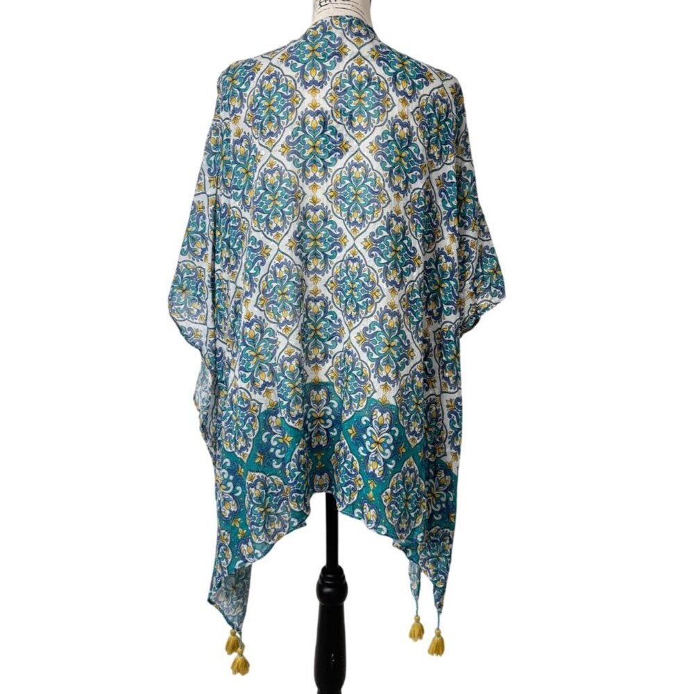 J. Jill Womens Kimono Ruana Cardigan Blue Green Floral Tassels One Size - Picture 3 of 6